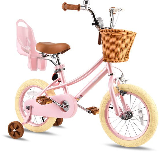 Vankel Kinderfiets voor Meisjes - 12/14/16 inch - Retro Fiets - Met Rieten Mand, Zijwieltjes en Bel