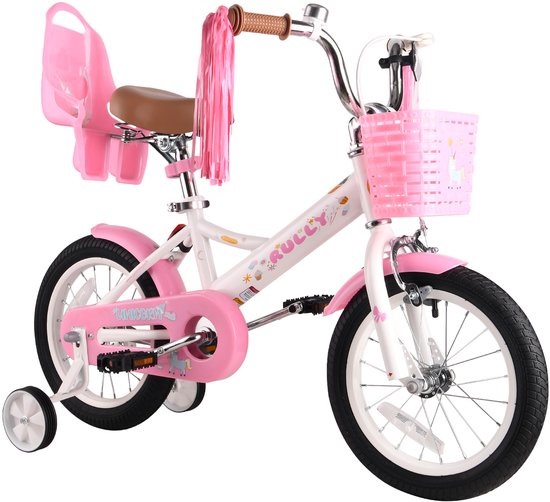 Vankel Kinderfiets voor Meisjes - 12/14/16 inch - Unicorn - 2-7 Jaar - Met Zijwieltjes, Mandje en Poppenzitje - wit
