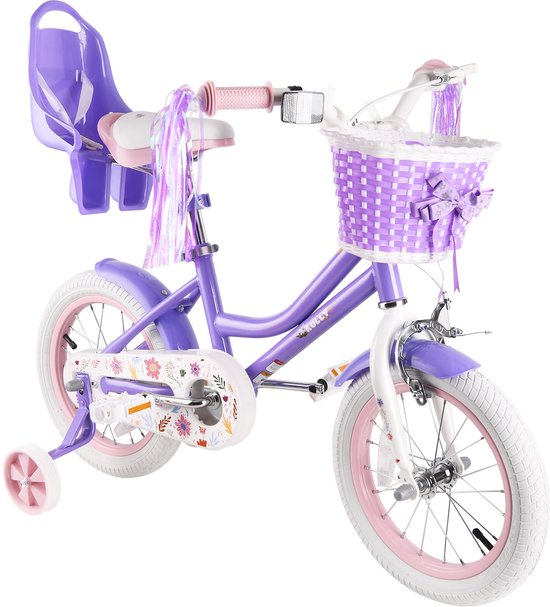 Vankel Meisjesfiets - 12/14/16 inch - Prinses Bloemendesign - Met Zijwieltjes, Roze Rieten Mand en Poppenzitje - Paars van VANKEL