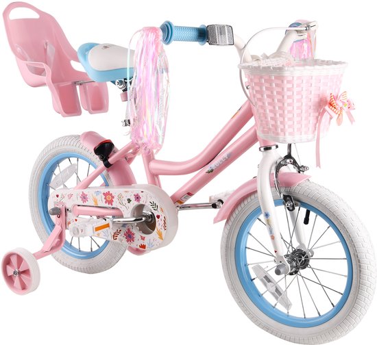 Vankel Meisjesfiets - 12/14/16 inch - Prinses Bloemendesign - Met Zijwieltjes, Roze Rieten Mand en Poppenzitje - Roze