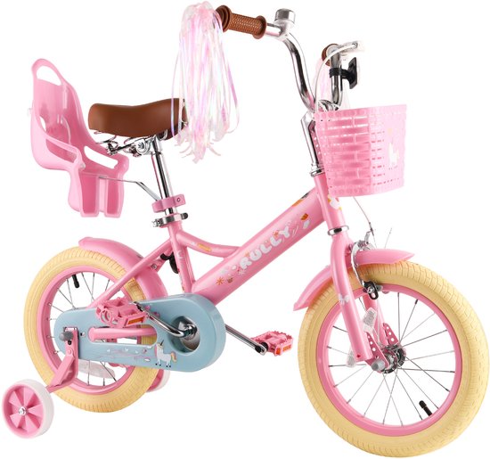 Vankel Meisjesfiets - Kinderfiets - 12/14/16 inch - Cadeau voor Meisjes - Met Poppenzitje, Mandje en Zijwieltjes - Roze