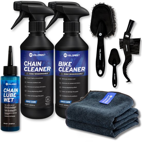 Velorest Fiets Schoonmaak Set - Fiets Onderhoud - Fietsketting Reiniger Set - Kettingreiniger fiets - Ontvetter Fiets - Bike Cleaner - Chain Cleaner - Chain Lube - Ketting Wax - Inclusief Borstels en Microvezeldoeken van Merkloos