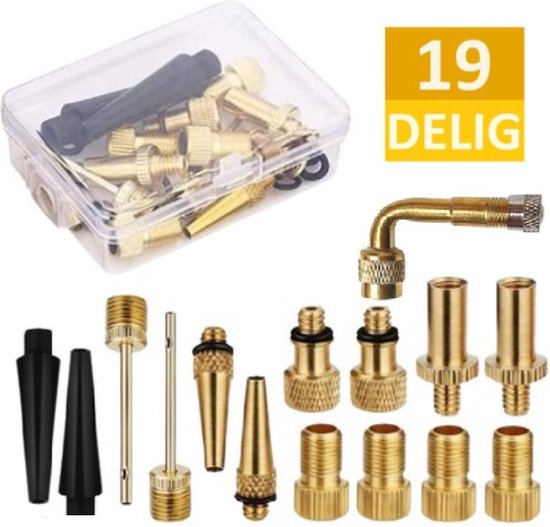Ventiel adapters set 19 delig / Elektrische Fiets Ventieladapters / Balnaalden / Fatbike / E-Step / Dunlop Verloopnippels / Autoband / Voetbal / Fietsband oppompen / Compressor / Pomp verloopstuk / Zwemband / Luchtbed / Ballen Pomp / Universeel van Merkloos