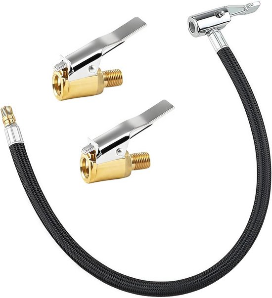 Ventiel Verlenger Set - Bandenpomp Slang - Banden Oppompen - Verchroomd Messing - 40 cm Slang - Zilverkleurig