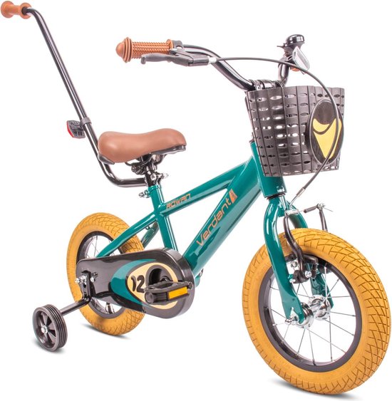 Verdant Bike Kinderfiets voor jongens 12 inch Donkergroen, leeftijd 2 tot 6 jaar, met zijwieltjes, duwstang, handrem van Verdant