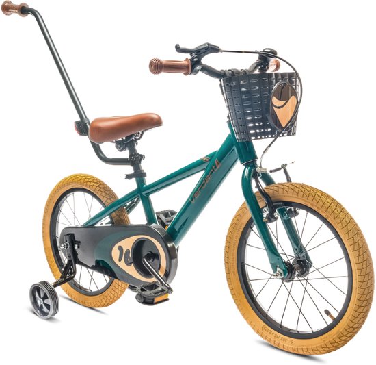 Verdant Bike Kinderfiets voor jongens 14 inch Donkergroen, leeftijd 3 tot 5 jaar, met zijwieltjes, duwstang, handrem