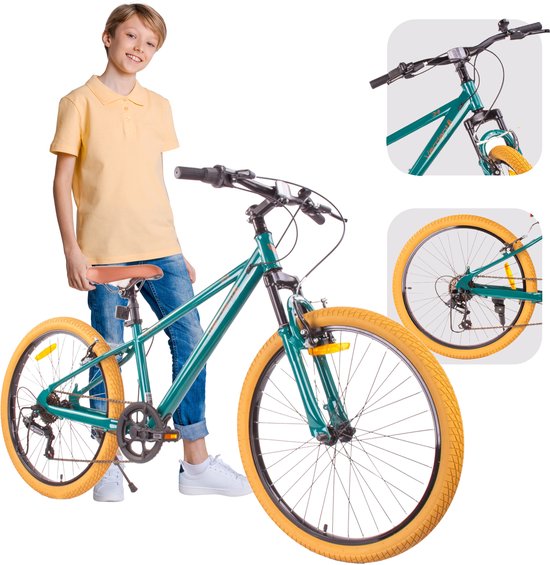Verdant Bike Kinderfiets voor jongens 24 inch, te kiezen uit 7 versnellingen Shimano van 8 tot 12 jaar met V-brakes, schokdemper, bel, zijstandaard (Groen) van Merkloos