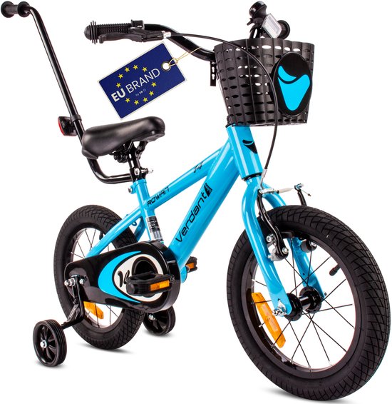 Verdant Bike Kinderfiets voor jongens van 3 tot 5 jaar, 14 inch Blauw, leeftijd 3 tot 6 jaar, met zijwieltjes, duwstang, handrem van Merkloos