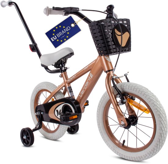 Verdant Bike Kinderfiets voor jongens van 3 tot 5 jaar, 14 inch Cappuccino, leeftijd 3 tot 6 jaar, met zijwieltjes, duwstang, handremm van Verdant Bike