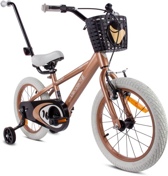 Verdant Bike Kinderfiets voor jongens van 4 tot 6 jaar, 16 inch Cappuccino, leeftijd 3 tot 6 jaar, met zijwieltjes, duwstang, handrem van Verdant Bike