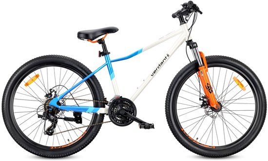 VERDANT CALIX Mountainbike 26", MTB-fiets voor dames en heren, fiets 6 inch - vering, schijfremmen, 21 versnellingen - Wit-Blauw-Oranje van Verdant
