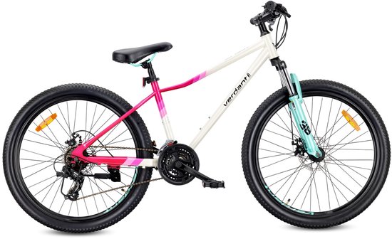 VERDANT CALIX Mountainbike 26", MTB-fiets voor dames en heren, fiets 6 inch - vering, schijfremmen, 21 versnellingen - Wit-Roze-Mintgroen