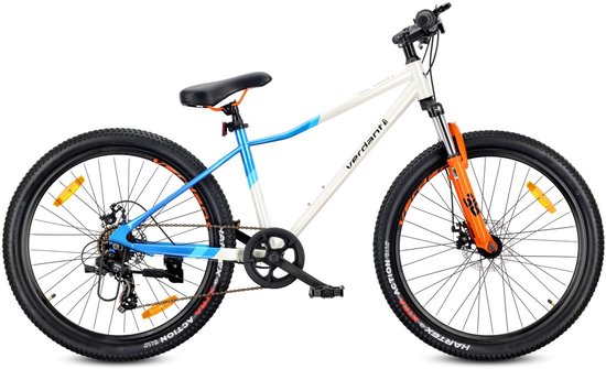 VERDANT CALIX Mountainbike 26", MTB-fiets voor dames en heren, fiets 6 inch - vering, schijfremmen, 7 versnellingen - Wit-Blauw-Oranje van Merkloos