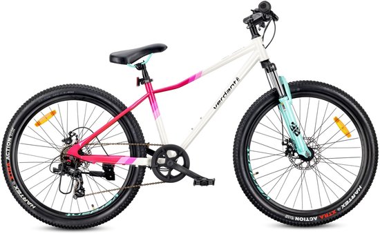 VERDANT CALIX Mountainbike 26", MTB-fiets voor dames en heren, fiets 6 inch - vering, schijfremmen, 7 versnellingen - Wit-Roze-Mintgroen van Merkloos