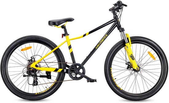 VERDANT CALIX Mountainbike 26", MTB-fiets voor dames en heren, fiets 6 inch - vering, schijfremmen, 7 versnellingen - Zwart-Geel van Verdant
