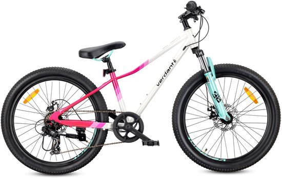 Verdant Kinderfiets voor jongens 24 inch, Fiets voor kinderen van 8 jaar met stalen frame, schijfremmen, 7 versnellingen, schokdemper vooraan (Wit Roze Mintgroen) van Merkloos