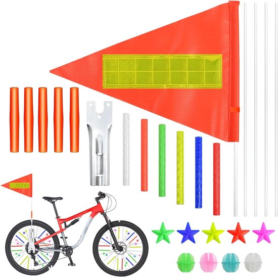 Verstelbare fietswimpel set met veiligheidsvlaggetje voor kinderfietsen en waarschuwingsbord van Merkloos