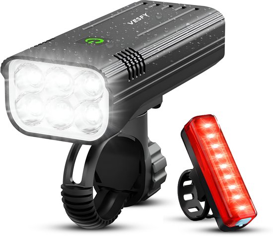 Vesfy Fietslampjes Set 1000 Lumen - USB Oplaadbare - Fietsverlichting Voor & Achter - Waterdicht IPX5 - LED Fietslamp