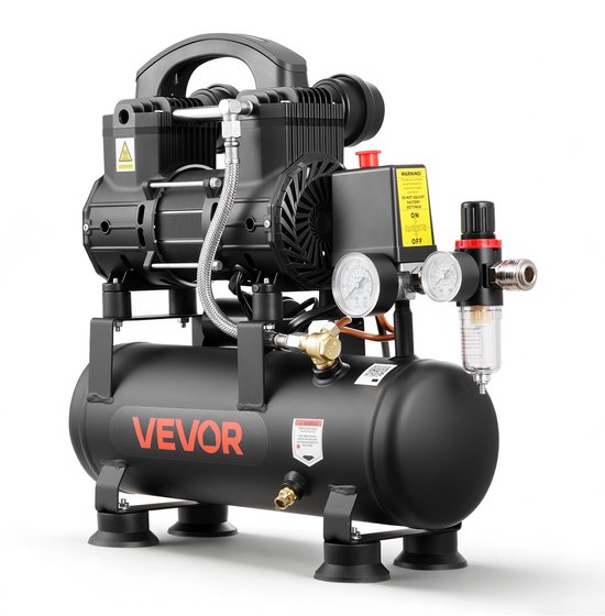 VEVOR 0,75 kW Luchtcompressor, Olievrije Compressor met 6 Liter Luchttank, Fluisterstille Compressor met Een Capaciteit van 71 L/Min Bij 6,2 Bar en Max. 8 Bar, Robuuste Luchtcompressor met Voetsteunen en Handgreep voor Werkplaats en Doe-Het-Zelf