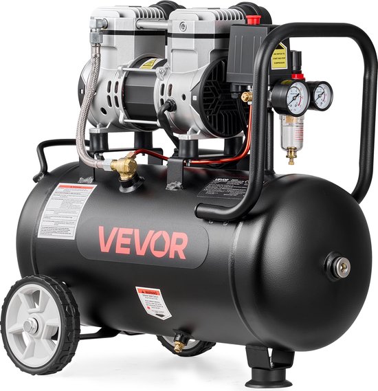 VEVOR 1,1 kW Luchtcompressor, Olievrije Compressor met 24 Liter Luchttank, Stille Compressor met Een Capaciteit van 68 L/Min Bij 6,2 Bar en Een Maximale Druk van 8 Bar, Draagbare Luchtcompressor met Wielen en Handvat voor Werkplaats en Doe-Het-Zelf