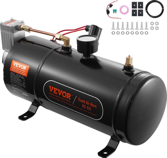 VEVOR 12V Luchtcompressorset met Tank 3L, Treinhoornluchtcompressorset, 90-120PSI Werkdruk, Geïntegreerd Luchtcompressorsysteem voor Treinluchthoorns, het Oppompen van Banden, Vrachtwagens, SUV's, enz. Zwart