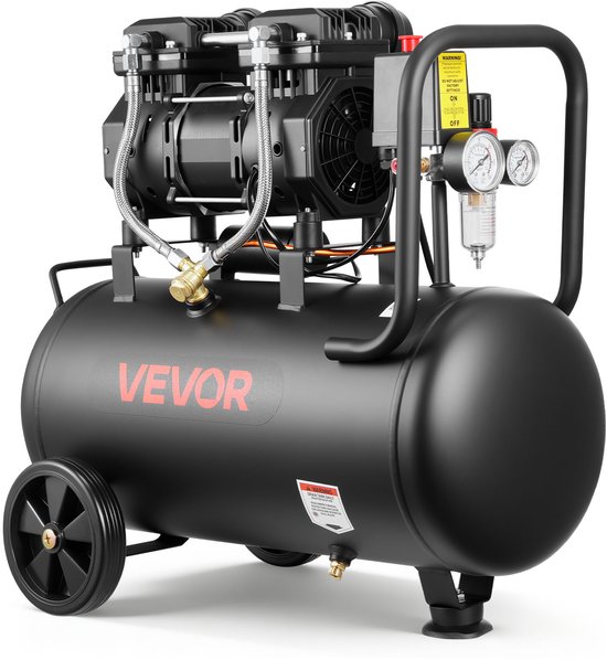 VEVOR 1,5 kW Luchtcompressor, Olievrije Compressor met 30 Liter Luchttank, Fluisterstille Compressor met Een Capaciteit van 126 L/Min Bij 6,2 Bar en Max. 8 Bar, Draagbare Luchtcompressor met Wielen en Handvat voor Werkplaats en Doe-Het-Zelf