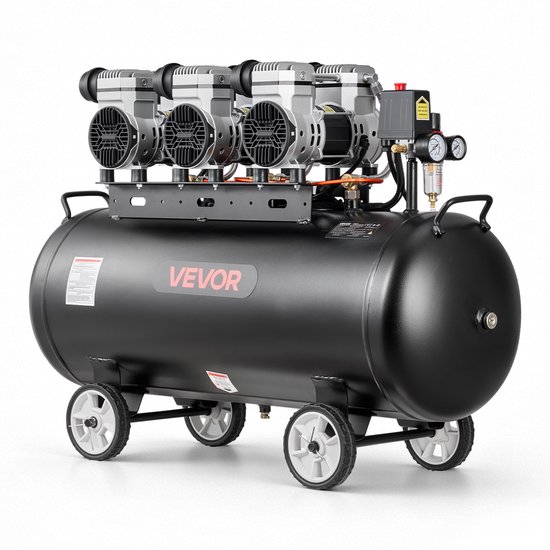 VEVOR 3 kW Luchtcompressor, Olievrije Compressor met 100 Liter Luchttank, Fluisterstille Compressor met Een Capaciteit van 198 L/Min Bij 6,2 Bar en Een Maximale Druk van 8 Bar, Draagbare Luchtcompressor met Wielen en Handvat voor Werkplaats