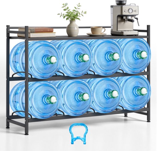 VEVOR 3-Laags Waterkanhouder, 4 Rijen, voor 8 Flessen, Waterkanrek met Opbergvak, Waterdispenserrek, Waterflessenrek, Watercontainerrek voor Keuken, Kantoor en Woonkamer, Zwart