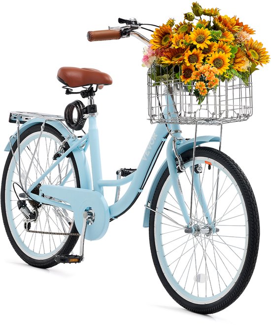 VEVOR Cruiser Bike Beach Bike met Mand 61cm Banden 7 Versnellingen Verstelbaar, Lichtblauw van Merkloos