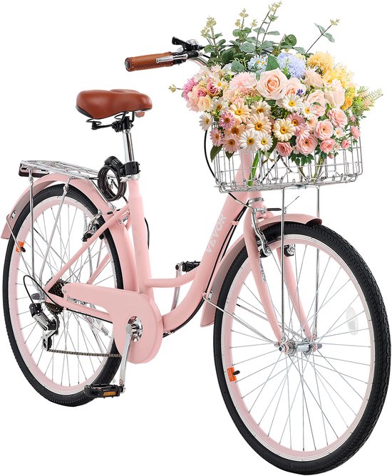 VEVOR Cruiser Bike Roze Strandfiets met Mand 66cm Banden 7 Versnellingen Verstelbaar