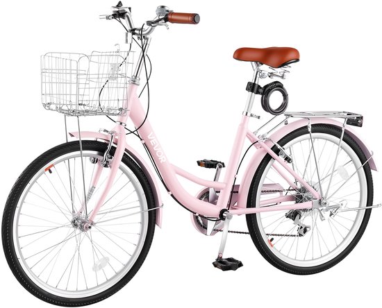 VEVOR Dames Cruiserfiets van 24 inch, 150 Kg, 7 Versnellingen, Stadsfiets, Roze, voor Woon-Werkverkeer, Boodschappen en Stranduitstapjes, met Dubbele V-Remmen, Bagagedrager van 50 Kg, Spatborden en Handschoenen