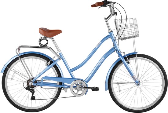 VEVOR Dames Cruiserfiets van 26 inch, Draagvermogen 150 Kg, 7 Versnellingen, Lichtblauw, voor Woon-Werkverkeer, Boodschappen en Stranduitstapjes, met Mandje, Bagagedrager (tot 50 Kg), Dubbele V-Remmen en Praktische Accessoires