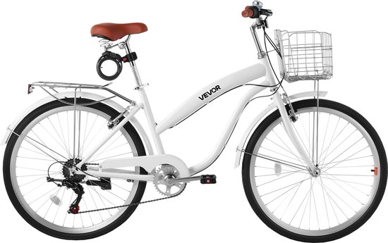 VEVOR Dames Cruiserfiets van 26 inch, Draagvermogen 150 Kg, 7 Versnellingen, Wit, voor Woon-Werkverkeer, Boodschappen en Stranduitstapjes, met Dubbele V-Remmen, Bagagedrager van 50 Kg, Spatborden en Gereedschapskit
