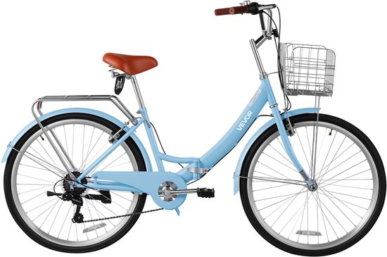 VEVOR Damesfiets 26 inch 7-Versnellings Cruiser Stadsfiets Lichtblauw Opvouwbaar, voor Stad, Strand, Winkelen en Reizen, met Lage Instap, Opvouwbaar Voormandje, Bagagedrager tot 50 Kg en Dubbele V-Remmen