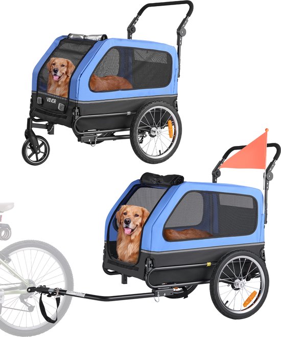 VEVOR Hondenkar, Tot 40 Kg, 2-In-1 Fietskar voor Kleine En Grote Honden, Opvouwbaar Frame Met Wielen, Universele Fietskoppeling, Inclusief Vlag, Interne Lijn, 1380 X 755 X 800 Mm