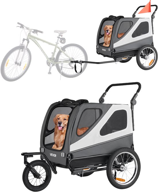 VEVOR Hondenkar, tot 45 Kg, 2-in-1 Fietskar voor Kleine & Grote Honden, Opvouwbaar Frame met Snelspanwiel, Universele Fietskoppeling, Inclusief Vlag, Interne Lijn, 139x77x84,5cm