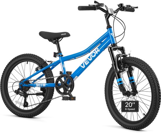 VEVOR Mountainbike 20 inch 6-Versnellingsfiets van Koolstofstaal, Blauw, voor Recreatief Fietsen en Lichte Offroad-Tochten, Draagvermogen van 80 Kg, Bel, Verstelbaar Zadel, Bevestigingspunt voor Verlichting en Dubbele Remmen