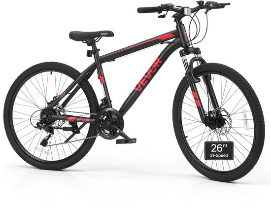VEVOR Mountainbike voor Dames en Heren, 26 inch, 21 Versnellingen, Zwart/Rood, Ideaal voor Volwassenen, Frame van Koolstofstaal, met Geveerde Voorvork, Draagvermogen van 120 Kg, Bel, Reflectoren en Verstelbaar Zadel