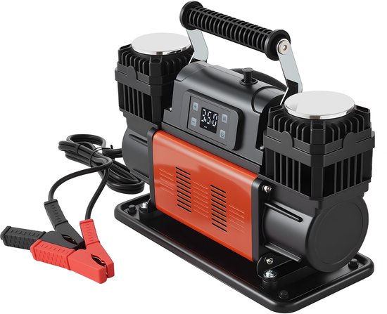 VEVOR Tweecilinder Luchtcompressor, 300 L/Min, Bandenpomp Met Automatische Uitschakeling, 12 V, 10,3 Bar, Offroad Luchtpomp Met Lcd Digitaal Display en Adapters voor Vrachtwagens, Auto'S, Suv'S, Terreinwagens en Campers.