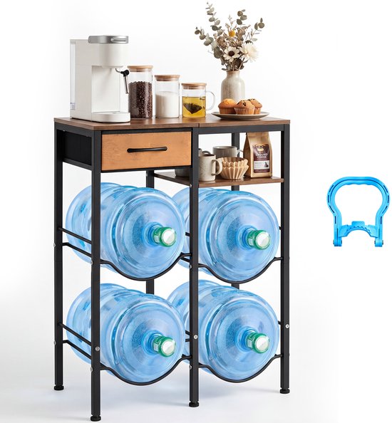 VEVOR Waterkanhouder, 4 Lagen, Dubbele Rijen, voor 4 Flessen, Waterkanrek met Opbergvak en Lade, Waterdispenserrek, Waterflessenrek, Watercontainerrek voor Keuken en Woonkamer