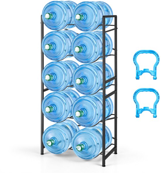 VEVOR Waterkanhouder, 5 Lagen, Dubbele Rijen, voor 10 Gallons (Ca. 38 Liter), Waterkanrek, Waterdispenserrek, Waterflessenrek, Watercontainerrek voor Keuken, Kantoor, Woonkamer, Zwart