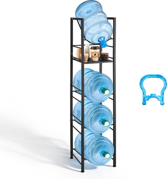 VEVOR Waterkanhouder, 5 Lagen, voor 4 Waterflessen, Waterkanrek met Opbergvak, Waterdispenserrek, Waterflessenrek, Watercontainerrek voor Keuken, Kantoor en Woonkamer, Zwart