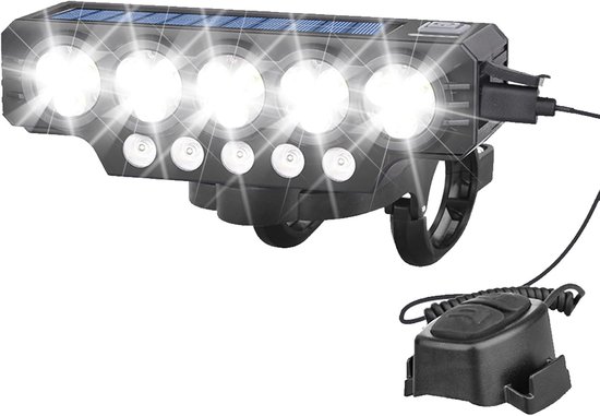 VHV - Solar fietsverlichting - fiets voorlicht met claxon - oplaadbaar LED fietslicht USB oplaadbaar met claxon - voor mountainbike, e-bike en avondritten