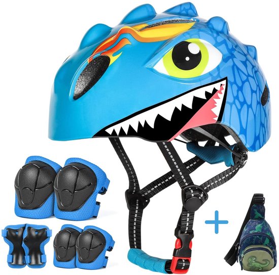 Victgoal Fietshelm Kind - Kinderhelm - Fietshelm Kinderen - Skate Beschermset - Kniebeschermers - Polsbeschermers - Elleboogbeschermers - Skate helm - Blauw - 50-54cm - Gratis mini Dino schoudertas - Geschikt voor kinderen vanaf 3 tot 8 Jaar van Victgoal