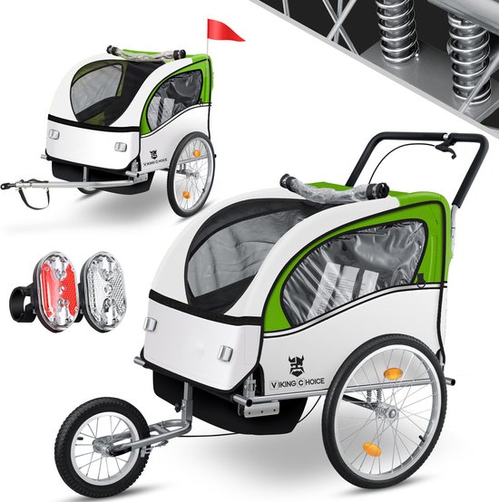 Viking Choice Fietskar Kind - Fietsaanhanger 2-zits - Veerdemping - Lime Groen/Grijs van Viking Choice