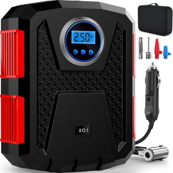 VIN® Draagbare Luchtcompressor Fietspomp 12 V Elektrische Pomp - Voor Auto en Fiets - Met Ledlicht en Digitale Bandenspanningsmeter - Automatische Pomp/Uitschakeling - Draagtas - Zwart