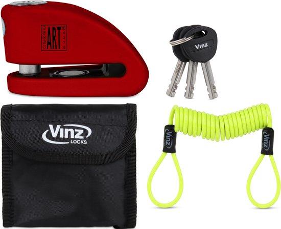 VINZ Pico Schijfremslot ART 4 Gekeurd met Alarm - Inclusief Tasje & Reminderkabel - Automatisch geactiveerd Alarm - Motorslot Remschijfslot ART 4 goedgekeurd voor de Verzekering - Rood van VINZ