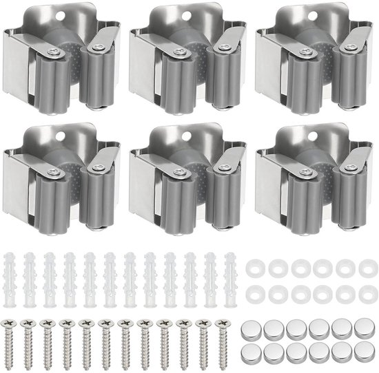 Vitdipy - 6 stuks - Bezemhouder - Gereedschapshouder - Zelfklevend/Schroefboren - 53*46*40mm - Wandhouder - Bezem Ophangsysteem - RVS - Zilver van Vitdipy