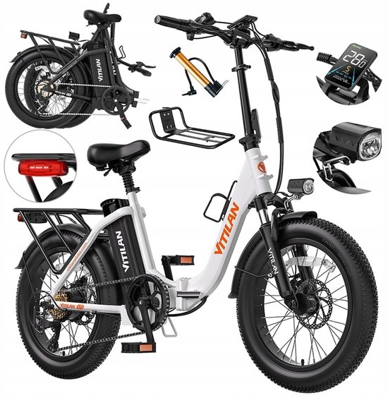 VITILAN U3 Witte Opvouwbare Elektrische Fiets – 48V 13Ah Accu, 120km Bereik, 20" Vetbanden, 7-Speed Shimano – Wit