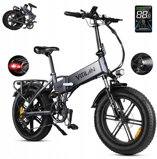 VITILAN V3 2.0 Opvouwbare Elektrische Fiets – 48V 13Ah Accu, 120km Bereik, 20"x4.0" Vetbanden, 7-Speed Shimano – Grijs van Merkloos